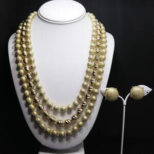 Vintage 1950s Gold Glitter Bead 3 Strand Necklace Earring Set